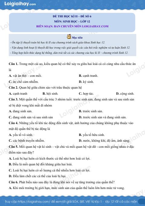 Đề số 6 – Đề kiểm tra học kì 2 – Sinh 12